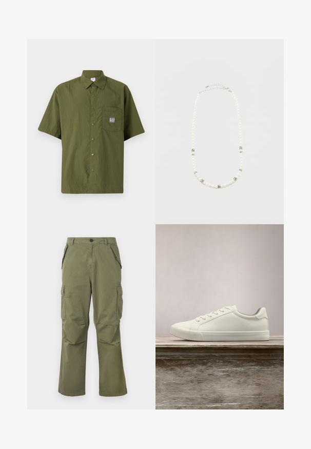 Chemise à manches courtes en tissu vert olive avec un col boutonné, dotée d'une poche poitrine avec un écusson gris du logo GAP.; Pantalons cargo en vert olive, fabriqués en tissu léger, avec des poches latérales, une fermeture à bouton et une coupe décontractée avec des jambes droites.; Sneaker en dentelle blanche flottant au-dessus d'un banc en bois avec un feuillage vert en arrière-plan, mettant en valeur le design et la texture de la chaussure.; Collier de perles blanches avec des intercalaires en strass argentés et un fermoir chaîne en argent, présenté sur un fond clair uni.