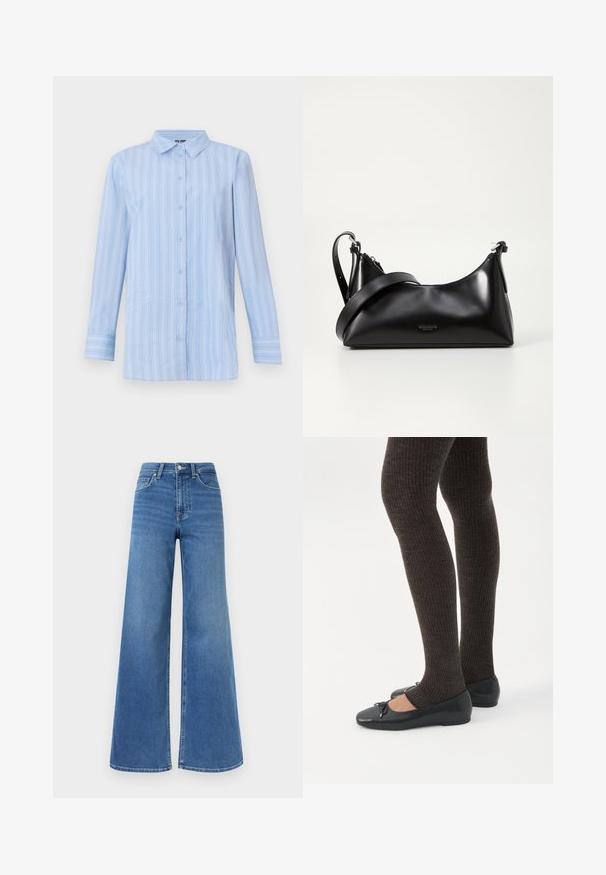 Chemise bleu clair à manches longues avec boutons, rayures blanches verticales et col pointu, présentée sur un fond uni.; Jean en denim bleu taille haute avec jambes larges, fermeture avant à boutons et fermeture éclair, ainsi que poches avant et arrière.; Jambes portant des leggings côtelés foncés associés à des ballerines noires avec de petits détails en nœud sur fond blanc.; Sac à main en cuir noir avec une texture lisse. Dispose d'une bandoulière adjustable et d'un design élégant et minimaliste avec une fermeture éclair.