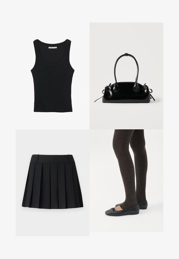 Débardeur noir côtelé sans manches avec un col rond et un ourlet droit, étiquette à l'intérieur du dos du cou.; Jupe plissée noire avec une taille sur mesure, fabriquée à partir d'un tissu léger. Présente des plis régulièrement espacés et un design simple et épuré.; Jambes portant des leggings côtelés foncés associés à des ballerines noires avec de petits détails en nœud sur fond blanc.; Petit sac à main noir brillant avec deux longues anses et des détails à cordon sur les côtés sur un fond clair uni.