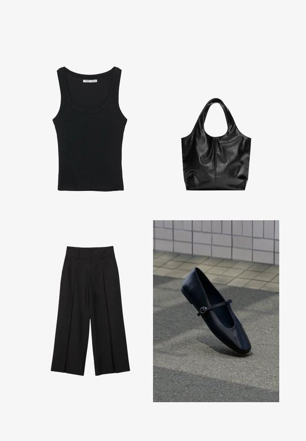 Débardeur noir côtelé sans manches avec un col rond et un ourlet droit, étiquette à l'intérieur du dos du cou.; Pantalon noir large et raccourci avec passants de ceinture et plis à l'avant, confectionné dans un tissu lisse pour un look élégant et ajusté.; Chaussure plate Mary Jane en cuir noir avec une petite bride à boucle, posée sur une surface en asphalte gris près d'un mur carrelé.; Sac fourre-tout en cuir noir avec une texture lisse, un haut arrondi doux et de larges poignées. Présente une couture minimale et une silhouette décontractée.