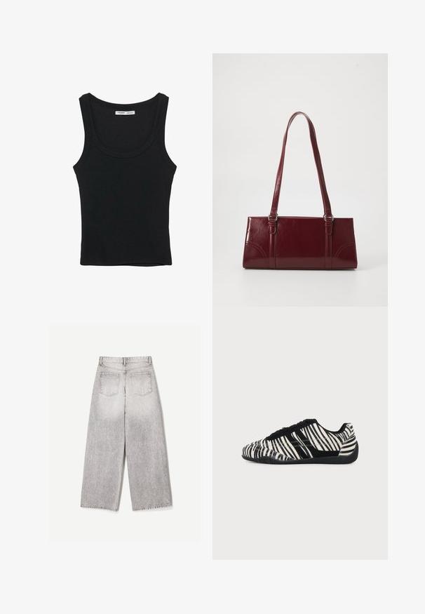 Schwarzes, geripptes ärmelloses Tanktop mit rundem Ausschnitt und geradem Saum, Etikett im Nackeninnenteil.; Hellgraue Jeans mit weitem Bein und hoher Taille sowie zwei Gesäßtaschen, von hinten auf weißem Hintergrund gezeigt.; Schwarz-weißer Sneaker mit Schnürung, Zebramuster und texturierter schwarzer Sohle auf einem einfarbigen hellen Hintergrund.; Burgunderfarbene Handtasche aus glänzendem Material, rechteckige Form, mit zwei Schulterriemen und subtilen, geschwungenen Akzenten an der Vorderseite.