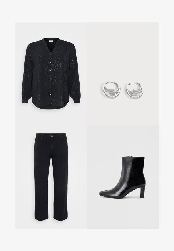 Zwarte lange mouwen shirt met een V-hals, voorzien van zilveren spetters, een knoopsluiting aan de voorkant en een gebogen zoom, gemaakt van zachte stof.; Zwarte denim jeans met een rechte pijpontwerp. Kenmerken zijn een sluiting met knoop in de taille, riemlussen en voor-/achterzakken. Gladde textuur.; Zwarte enkellaars gemaakt van glanzend leer, met een puntige neus en een gemiddelde blokhak, voorzien van een gladde textuur en een eenvoudig ontwerp.; Paar gepolijste zilveren creooloorbellen met een gelaagd, gebogen staafontwerp op een effen lichte achtergrond.