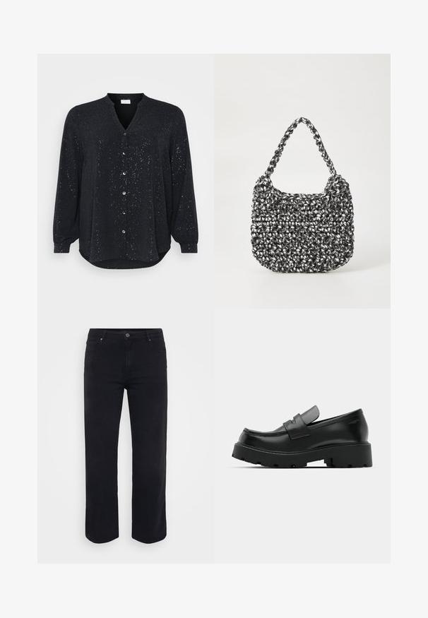 Chemise noire à manches longues avec un col en V, ornée de paillettes argentées, fermée par des boutons à l'avant, et dotée d'un ourlet arrondi, fabriquée en tissu doux.; Jeans en denim noir avec une coupe droite. Les caractéristiques incluent une fermeture à bouton à la taille, des passants de ceinture et des poches avant/arrière. Texture lisse.; Mocassins en cuir noir avec une semelle épaisse et texturée, dotés d'une sangle sur le vamp et d'une finition lisse et polie.; Sac en osier noir et blanc de forme arrondie, avec une surface texturée et une poignée tressée. Convient à un usage décontracté.