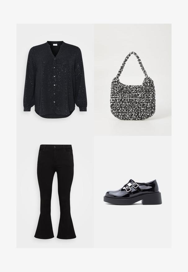 Zwarte lange mouwen shirt met een V-hals, voorzien van zilveren spetters, een knoopsluiting aan de voorkant en een gebogen zoom, gemaakt van zachte stof.; Zwarte flared jeans met een aansluitende taille, standaard vijfzakdesign en een soepele denimtextuur met een subtiele stretch.; Zwarte plateauplatformschoenen van lakleer met brede hak, open design en twee zilveren gespen over de wreef. Platte rubberen zool.; Geweven handtas in zwart en wit met een ronde vorm, gestructureerd oppervlak en een gevlochten handvat. Geschikt voor dagelijks gebruik.