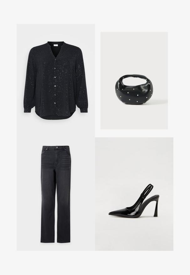Zwarte lange mouwen shirt met een V-hals, voorzien van zilveren spetters, een knoopsluiting aan de voorkant en een gebogen zoom, gemaakt van zachte stof.; Zwarte jeans met rechte pijpen, voorzakken en riemlussen, getoond tegen een effen witte achtergrond.; Zwarte gepatineerde leren slingback pump met puntige neus, slanke hoge hak en dubbele elastische band voor een veilige pasvorm. Gladde, glanzende oppervlakte.; Zwarte leren handtas met een afgeronde vorm, versierd met zilveren studs, en een korte handgreep. Gladde textuur en ritsluiting.