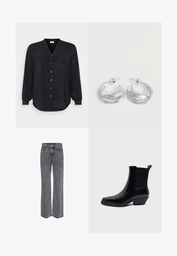 Zwarte lange mouwen shirt met een V-hals, voorzien van zilveren spetters, een knoopsluiting aan de voorkant en een gebogen zoom, gemaakt van zachte stof.; Hoge taille, rechte grijze spijkerbroek van denim met knopen aan de voorkant, ritssluiting en klassiek ontwerp met vijf zakken.; Zwarte leren enkellaars met puntige neus, lage blokhak, elastisch geribd zijpaneel en achterste aantreklus op witte achtergrond.; Een paar gepolijste zilveren halve maanvormige creolen met heldere plastic achterkanten op een witte ondergrond.