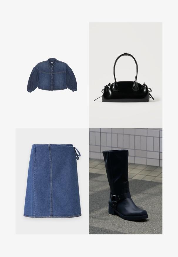 Korte spijkerblouse in donkerblauw met een knoopsluiting aan de voorkant, puntige kraag en opbollende lange mouwen. Voorzien van horizontale stikdetails.; Denim wikkelrok in donkerblauw. Heeft een rechte snit, zichtbare stiksels en een zijsluiting voor aanpassing. Glad textuur en standaard zoomlijn.; Zwarte leren kuitlaars met een lage blokhak en een decoratieve riem met metalen gesp rond de enkel, op een betegeld trottoir.; Kleine zwarte glanzende handtas met twee lange hengsels en zijkant trekkoord details op een effen lichte achtergrond.