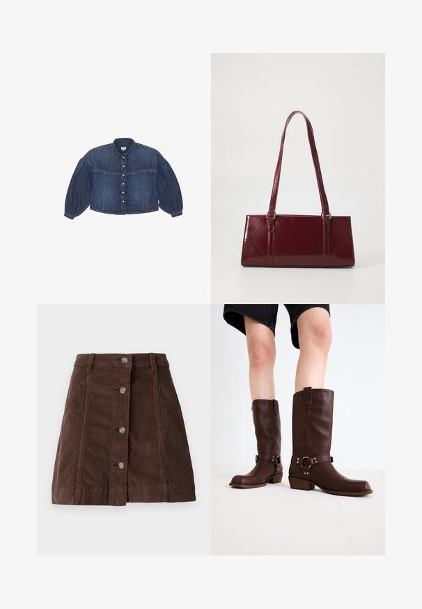 Korte spijkerblouse in donkerblauw met een knoopsluiting aan de voorkant, puntige kraag en opbollende lange mouwen. Voorzien van horizontale stikdetails.; Bruine corduroy A-lijn rok met knoopsluiting aan de voorkant en zijzakken, voorzien van riemlussen en verticale naaddetails.; Bruine leren kniehoge laarzen met een ronde neus, gestructureerd oppervlak, enkelriem en zilveren hardware-detail; opgestapelde hak.; Bourgondische handtas van glanzend materiaal, rechthoekige vorm, met twee schouderbanden en subtiele gebogen accenten aan de voorkant.