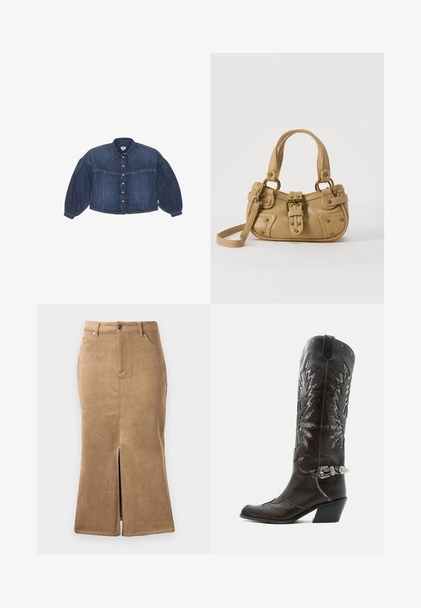 Kraftigt blå cropped denimskjorte med knaplukning foran, spidse kraver og pufærmer. Har horisontale syninger.; Brun ruskind midi-skirt med slids foran, kontrasterende syninger og fem-lomme design. Glat tekstur og tætsiddende facon.; Sort læder cowboystøvle med dekorative udskæringer, sølvspænde og skrå hæl, vist på hvid baggrund.; Beige læderhåndtaske med dobbelte håndtag, messing spænde og nitte detaljer samt en justerbar skulderrem mod en hvid baggrund.