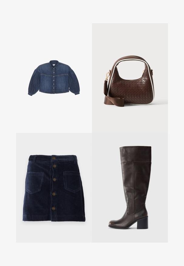 Kraftigt blå cropped denimskjorte med knaplukning foran, spidse kraver og pufærmer. Har horisontale syninger.; Marineblå fløjlskørt med frontknaplukning og to påsyede lommer, der har vertikal ribbet tekstur.; Brun læder knæhøj støvle med rund tå og stablet hæl. Har en glat tekstur og sidelægning som detalje.; Brun vævet læderhåndtaske med hvid piping, guldfarvet lynlås og aftagelig brun stofskulderrem.