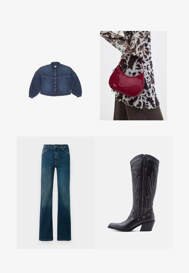 Korte spijkerblouse in donkerblauw met een knoopsluiting aan de voorkant, puntige kraag en opbollende lange mouwen. Voorzien van horizontale stikdetails.; Donkerblauwe, high-waisted jeans met een rechte pijp. Gemaakt van denim, met contrasterende stiksels en een klassiek ontwerp met vijf zakken.; Zwarte leren cowboylaarzen met een puntige neus, zichtbare stiksels, zilveren studaccenten en een ritssluiting aan de binnenkant.; Vrouw met een zwart-wit gebloemde blouse houdt een glanzende rode schoudertas vast tegen een effen achtergrond.