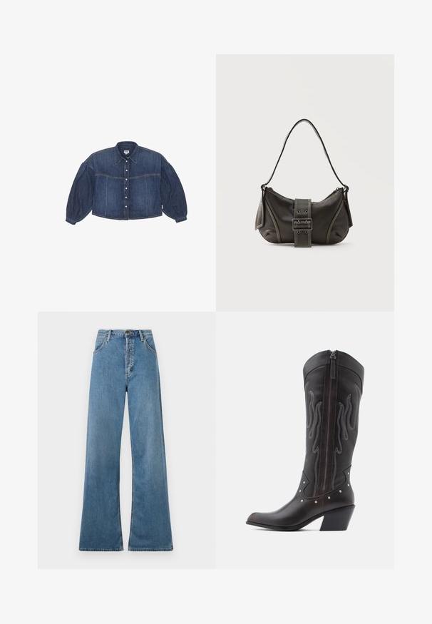 Korte spijkerblouse in donkerblauw met een knoopsluiting aan de voorkant, puntige kraag en opbollende lange mouwen. Voorzien van horizontale stikdetails.; Lichtblauwe wijde jeans met een hoge taille, met voorzakken en een ritssluiting, weergegeven tegen een witte achtergrond.; Bruine leren cowboylaarzen met vlamstiksels, zijrits, zilveren studs, spits toelopende neus en gestapelde hak.; Zwarte leren schoudertas met gespsluiting aan de riem, afgeronde hoeken en contrasterende witte stiksels op een effen achtergrond.