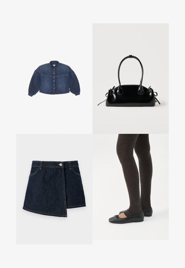 Kraftigt blå cropped denimskjorte med knaplukning foran, spidse kraver og pufærmer. Har horisontale syninger.; Jeansskørt med en mørk vask, A-formet design, frontlukning med knapper og subtile syninger. Har en sidelukning.; Ben iført mørke ribbede leggings kombineret med sorte balletsko med små sløjfedetaljer på hvid baggrund.; Lille sort blank håndtaske med to lange håndtag og snøre-detaljer i siden på en ensfarvet lys baggrund.