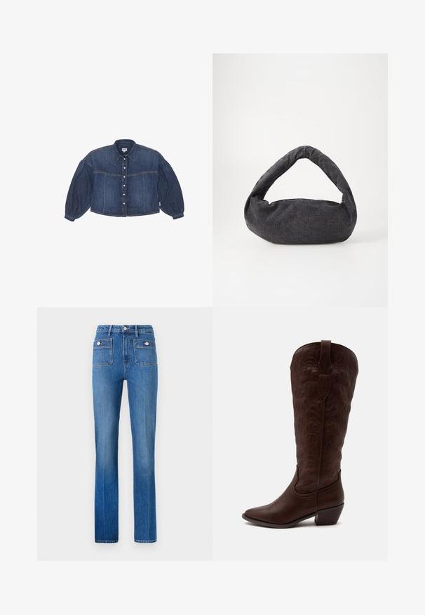 Kraftigt blå cropped denimskjorte med knaplukning foran, spidse kraver og pufærmer. Har horisontale syninger.; Blå denim jeans med lige ben design, høj talje, to forreste og bageste lommer samt metal knap detaljer.; Høj brun læder cowboystøvle med detaljerede sømme, en spids tå og en blok hæl på en ensartet lys baggrund.; Mørkegrå stofpose med et buet håndtag, blød tekstur og rund form. Ingen synligt hardware eller pynt.