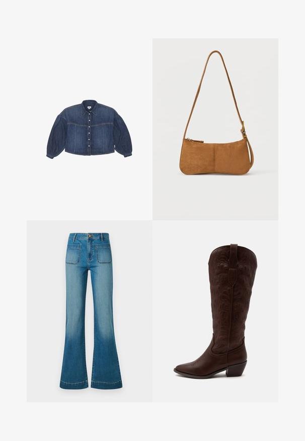 Korte spijkerblouse in donkerblauw met een knoopsluiting aan de voorkant, puntige kraag en opbollende lange mouwen. Voorzien van horizontale stikdetails.; Blauwe high-waisted denimjeans met voorzakken en uitlopende pijpen, voorzien van een knoop- en ritssluiting.; Hoge bruine leren cowboylaars met gedetailleerde stiksels, een puntige neus en een blokhak op een effen lichte achtergrond.; Bruine suède schoudertas met een gebogen vorm, verstelbare riem, ritssluiting en minimalistische hardware. Soepele textuur met een eenvoudig ontwerp.
