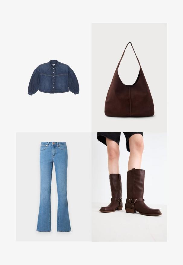 Kraftigt blå cropped denimskjorte med knaplukning foran, spidse kraver og pufærmer. Har horisontale syninger.; Lyseblå cowboybukser med mellemhøj talje, fem lommer, knap- og lynlåslukning samt let udvidede benåbninger.; Brune læder knæhøje støvler med rund tå, struktureret overflade, ankelrem og sølvhardware detaljer; stablet hæl.; Brun suedette hobo taske med en stor, buet åbning og en bred skulderrem. Har en centreret søm på forsiden. Glat tekstur.
