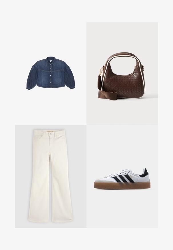 Kraftigt blå cropped denimskjorte med knaplukning foran, spidse kraver og pufærmer. Har horisontale syninger.; Hvide jeans med høj talje og vide ben, med frontknap og lynlås, bæltestropper samt for- og baglommer, lagt fladt på en lys baggrund.; Hvide lædersneakers med sorte striber, gummirubber sål, rund tå, snørelukning og blød grå ruskinds tåhætte.; Brun vævet læderhåndtaske med hvid piping, guldfarvet lynlås og aftagelig brun stofskulderrem.