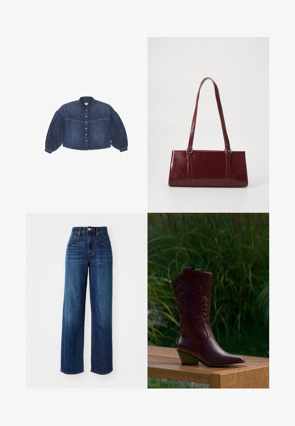 Kraftigt blå cropped denimskjorte med knaplukning foran, spidse kraver og pufærmer. Har horisontale syninger.; Mørkeblå denim jeans med høj talje, bred bendesign, for- og baglommer samt subtilt slid. Metalhardware på taljen.; Mørkebrune læder cowboystøvler med broderede mønstre, lavt skråt hæl og trækflapper, placeret på en træ bænk med grønne planter i baggrunden.; Bordeaux håndtaske lavet af glansfuldt materiale, rektangulær form, med to skulderremme og subtile buede detaljer på forsiden.