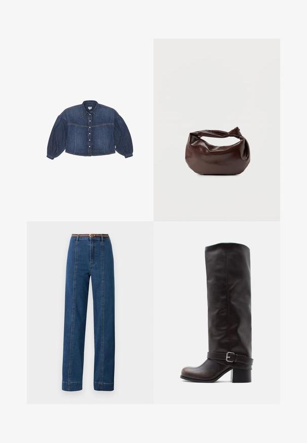 Kraftigt blå cropped denimskjorte med knaplukning foran, spidse kraver og pufærmer. Har horisontale syninger.; Mørkeblå denimjeans med lige pasform, høj talje og flettet brun bælte. Har kontrastsyninger langs sidesømmene.; Mørkebrun læderstøvle til knæet med rund tå, lav blokhæle og dekorativ rem med sølvspænde ved anklen.; Mørkebrun læder skuldertaske med en blød, afslappet form og et snoet knudehåndtag på en ensartet hvid baggrund.