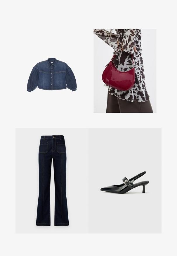 Camisa de denim recortada en azul oscuro con cierre de botones en el frente, cuello puntiagudo y mangas largas abullonadas. Presenta detalles de costura horizontal.; Jeans acampanados de color azul oscuro hechos de denim, con una cintura alta, dos bolsillos traseros y costuras visibles a lo largo de las costuras.; Zapatos de tacón en charol negro con tira al tobillo, punta afilada y un pequeño tacón bloque, que cuentan con un acento de hebilla plateada en la correa.; Mujer con blusa de estampado en blanco y negro sosteniendo un bolso de hombro rojo brillante sobre un fondo liso.