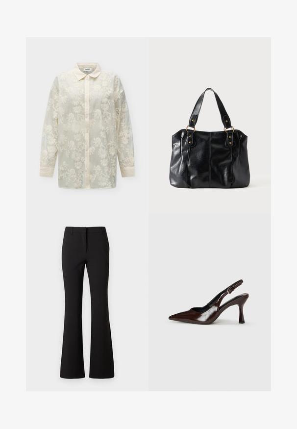 Blouse crème transparente à manches longues avec broderie florale, fermeture boutonnée à l'avant et col arrondi.; Pantalon évasé noir en tissu lisse, présentant un pli frontal, des passants de ceinture et une coupe ajustée. Design épuré sans motifs visibles.; Talons slingback en cuir verni brun avec un bout pointu, un talon fin, et une sangle réglable avec une petite boucle.; Sac à épaule en cuir noir avec double anses attachées par des anneaux et rivets dorés, surface lisse et légèrement brillante, design simple.