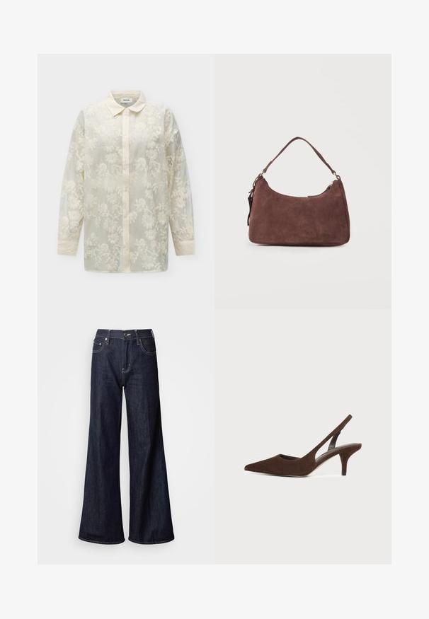 Blouse crème transparente à manches longues avec broderie florale, fermeture boutonnée à l'avant et col arrondi.; Jean à jambes larges en denim foncé, présentant une taille haute, cinq poches, des coutures blanches contrastantes et une texture lisse.; Escarpin slingback en daim brun foncé avec bout pointu et talon kitten sur un fond clair uni.; Sac bandoulière en daim marron avec une anse unique et une fermeture éclair, présenté sur un fond clair uni.