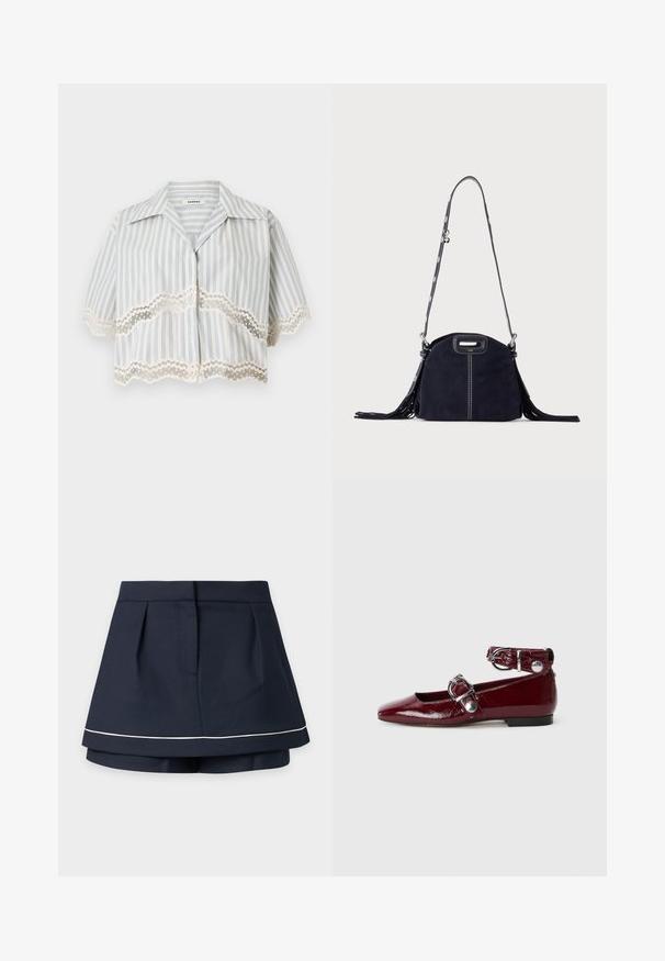 Blouse courte à manches courtes avec rayures verticales bleues et bordure en dentelle festonnée aux manches et à l'ourlet, devant boutonné, col ouvert.; Mini-jupe superposée bleu marine foncé avec une taille haute et une fine bande horizontale blanche près de l’ourlet.; Ballerines en cuir verni bordeaux avec un bout pointu, une bride de cheville avec une boucle en argent et un petit talon. Texture lisse sur l'ensemble.; Sac à main en daim bleu foncé avec des coutures blanches, une poignée découpée, une bandoulière à motif et de longues franges des deux côtés.