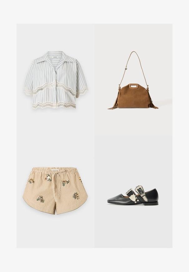 Blouse courte à manches courtes avec rayures verticales bleues et bordure en dentelle festonnée aux manches et à l'ourlet, devant boutonné, col ouvert.; Shorts rayés beige et blanc avec une ceinture élastique, un lien à l'avant, un ourlet incurvé et de petites broderies florales dispersées sur le tissu.; Chaussure plate en cuir noir avec un bout pointu, des accents de boucle en argent et des rivets décoratifs. Elle possède un petit talon et une texture lisse.; Sac à main en daim marron avec poignée découpée en haut, longue bandoulière réglable et franges de chaque côté.