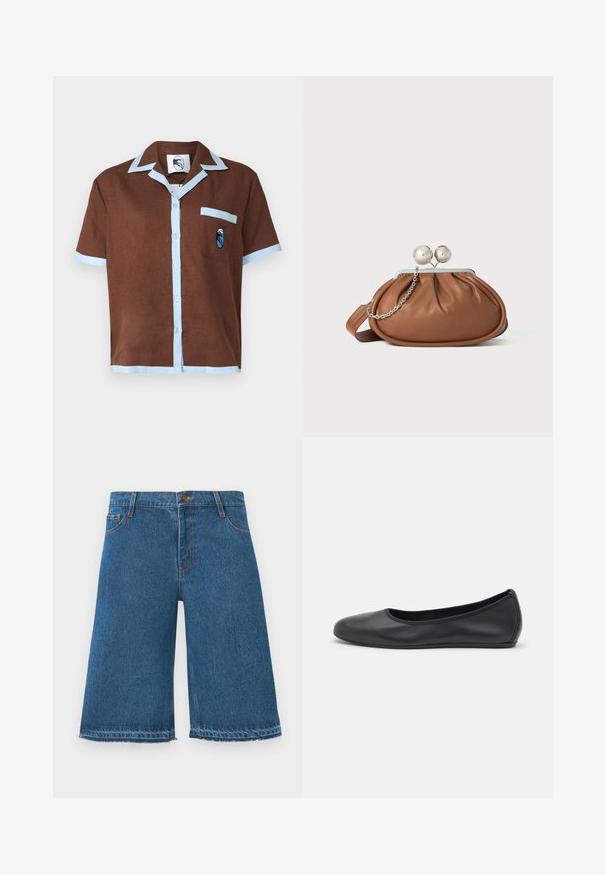Chemise à manches courtes marron avec un col et des bordures de poche bleu clair, présentant un petit design brodé sur la poche.; Shorts en denim bleu au genou avec des bords effilochés, bouton avant et poches, sur fond blanc uni.; Ballerines en cuir noir avec un bout rond, texture lisse, détails de couture minimalistes et design de semelle flexible.; Pochette en cuir marron avec un fermoir à boule en argent et un petit détail en chaîne argentée sur fond blanc.