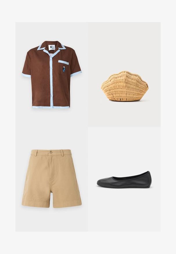 Korte mouwen bruine shirt met een lichtblauwe kraag en zakafwerking, met een klein geborduurd ontwerp op de zak.; Beige katoenen shorts met een klassiek ontwerp, voorzien van een sluiting met een voorknop en riemlussen. Glad van textuur met zijzakken.; Zwarte leren ballerina met een ronde neus, gladde textuur, minimale stikdetails en een flexibele zoolontwerp.; Geweven rotan handtas in de vorm van een sint-jakobsschelp met natuurlijke lichtbruine kleur en afgeronde, gestructureerde randen.