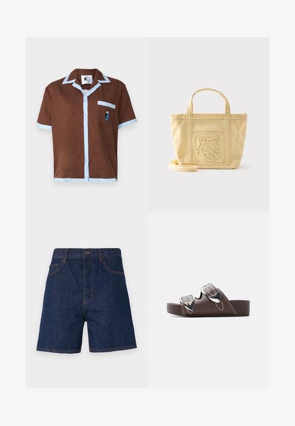 Korte mouwen bruine shirt met een lichtblauwe kraag en zakafwerking, met een klein geborduurd ontwerp op de zak.; Donkerblauwe denim shorts met een klassiek vijf-pocket ontwerp, zichtbare oranje stiknaad en een knoopsluiting bij de taille.; Bruine platformslipper met twee verstelbare zilveren gespen en witte contrasterende stiksels, zijaanzicht op witte achtergrond.; Beige canvas draagtasje met korte handvatten, een afneembare schouderriem en een geborduurd vosshoofd op het voorvak.