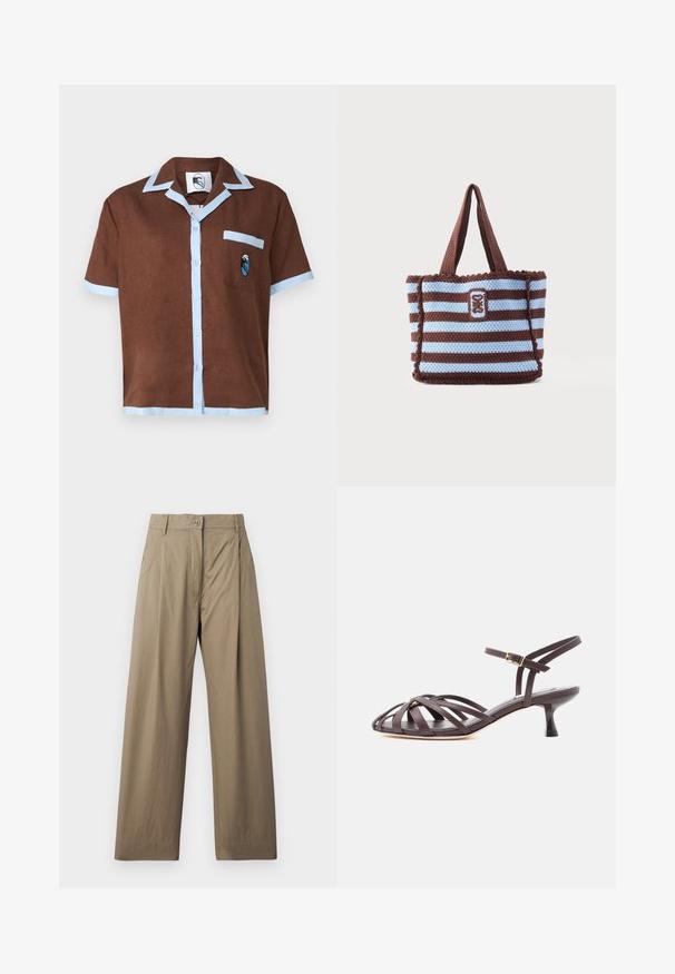Chemise à manches courtes marron avec un col et des bordures de poche bleu clair, présentant un petit design brodé sur la poche.; Pantalons larges couleur khaki en mélange de coton, dotés d'une fermeture à bouton, de poches latérales et d'une texture lisse avec un léger éclat.; Sandale à talon kitten en cuir marron foncé avec lanières et bride de cheville réglable à boucle sur fond blanc.; Sac cabas crocheté rayé marron et bleu clair avec deux anses et un patch brodé rectangulaire au centre devant.