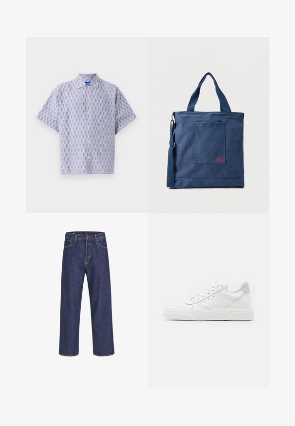 Chemise à manches courtes boutonnée en bleu clair avec un motif géométrique bleu foncé. Elle présente un col et une coupe décontractée. Fabriquée en tissu léger.; Jean en denim bleu foncé avec une coupe droite, un design à cinq poches, une fermeture à bouton en métal et des surpiqûres contrastantes, présentant une texture subtile.; Des baskets en cuir blanc avec une finition lisse, un bout rond, des lacets plats et une semelle texturée. Accents en daim gris au niveau du talon.; Sac fourre-tout en toile bleue avec poche frontale et broderie rouge "O.N.S", doté de doubles poignées et d'une bandoulière réglable.