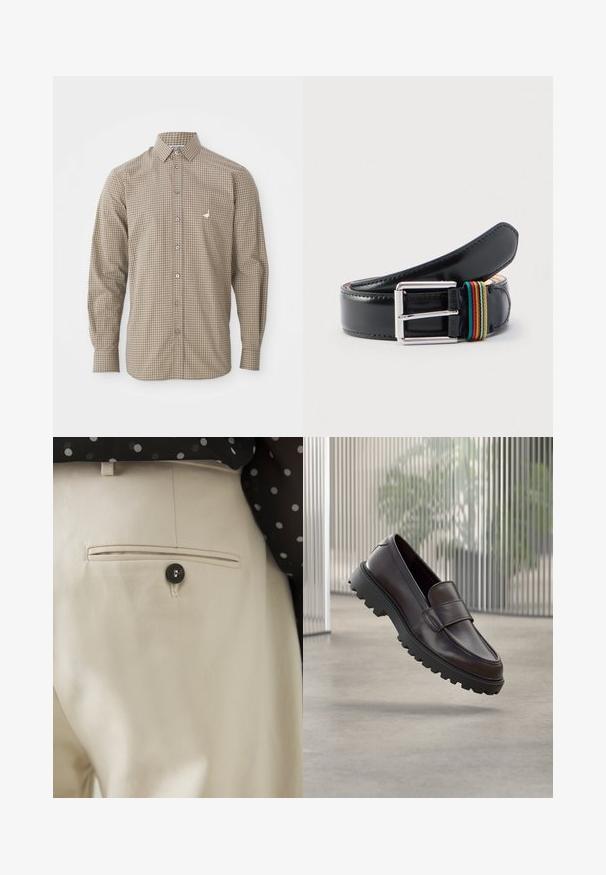 Ruitjeshemd met lange mouwen in bruin en beige, met een button-down kraag, een zak en een klein geborduurd logo op de borst.; Beiget housut, joissa on teksturoitu kangas ja takatasku, suljettu mustalla napilla. Hienovaraiset ompelun yksityiskohdat taskun reunalla.; Ruskea nahkainen liukusäädettävä kenkä pyöreällä kärjellä ja tukevalla mustalla kumipohjalla. Kengässä koristeellinen remmi noin jalkapöydän kohdalla.; Musta nahkavyö hopeanvärisellä metallisoljella; soljen läheisyydessä raidallinen kangaskoriste, jossa on punaisen, vihreän ja keltaisen sävyjä.