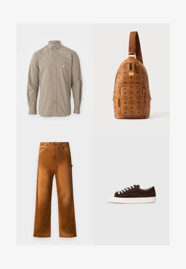 Brun og beige ternet langærmet skjorte med button-down krave, lomme og lille broderet logo på brystet.; Brune vidde bukser med frontlommer, bæltestropper og en hammerstrop på højre side mod en ensfarvet baggrund.; Brune corduroy lav-top sneakers med hvide snørrebånd og en hvid gummisål, vist fra siden på en lys grå baggrund.; Brun læder sling rygsæk med sort diamant- og MCM-logo mønster, lynlåslomme foran, guldfarvet lynlås og justerbar rem.