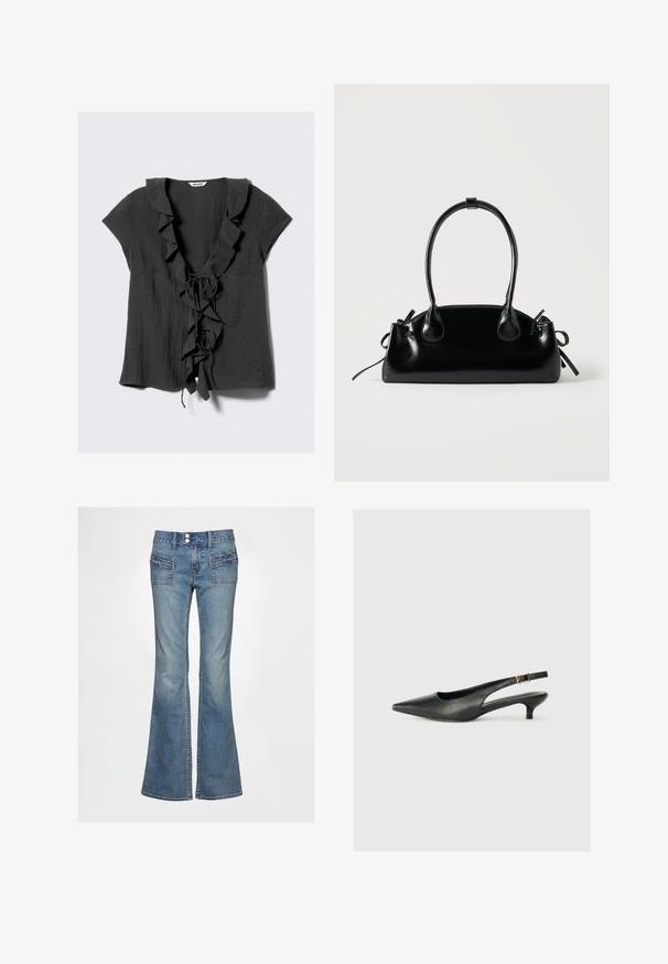 Mørkegrå bluse med korte ærmer, der har en flæsekant ved halsudskæringen og bindedetalje foran, lavet af letvægtsstof med en blød tekstur.; Blå denimjeans med vidde i benene har høj talje, to forlommer med teksturerede detaljer og en traditionel knaplukning.; Sorte spidse slingback-sko lavet af glat læder. Har en tynd hæl og en spænde detalje på den justerbare rem.; Lille sort blank håndtaske med to lange håndtag og snøre-detaljer i siden på en ensfarvet lys baggrund.
