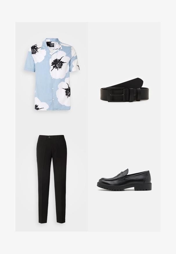 Kurzarm-Hemd aus leichtblauem Stoff mit großen weißen Blumen und schwarzen Akzenten. Mit einem Camp-Kragen und lässiger Passform.; Schwarze gerade geschnittene Hose aus glattem Stoff mit einem Knopfverschluss und seitlichen Taschen im klassischen Design.; Schwarze Lederloafers mit runder Zehenform, eleganter Schlupfdesign und dicker Gummisohle mit strukturiertem Griff. Erhöhter Absatz und dezente Nähdetails.; Schwarzledergürtel mit einer mattscharzen rechteckigen Metallschnalle und zwei Gürtelschlaufen auf weißem Hintergrund.