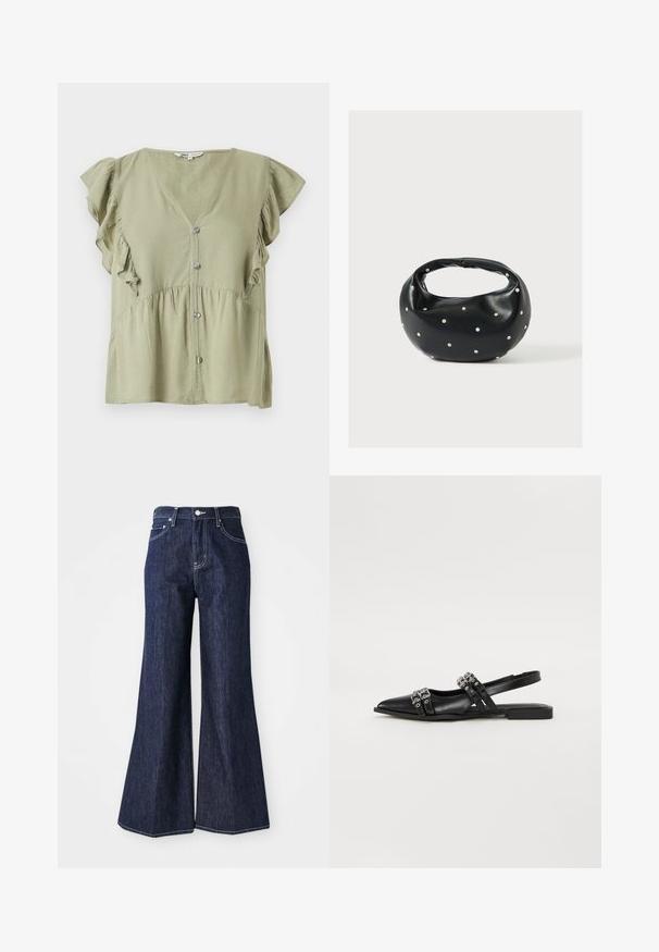 Blouse boutonnée vert olive clair avec col en V et manches courtes à volants, détails froncés à la taille.; Jean flare en denim foncé avec taille haute, présentant une fermeture à bouton et zip. Des coutures blanches et des jambes larges créent une silhouette structurée.; Even&Odd by Zalando Ballerines à brides arrière - black; Sac à main en cuir noir de forme arrondie, décoré de clous argentés et équipé d'une poignée courte. Texture lisse et fermeture éclair.
