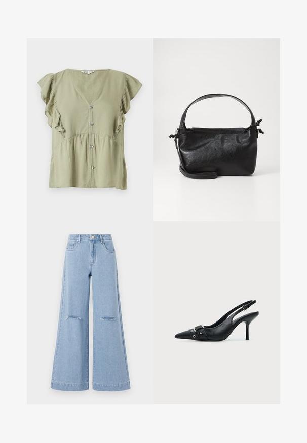 Blouse boutonnée vert olive clair avec col en V et manches courtes à volants, détails froncés à la taille.; Jeans taille haute bleu clair à jambes larges, dotés de deux poches avant et de deux détails de genoux déchirés, fabriqués en matériau denim.; Escarpin slingback à talon haut en cuir noir avec bout pointu, boucle et détail de bride œillet à l'avant.; Sac à main en cuir noir au design structuré, avec une poignée arrondie et une bandoulière amovible. Présente une texture lisse et un éclat subtil.