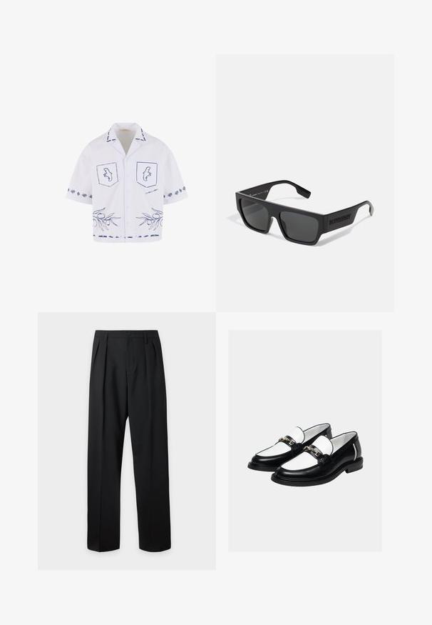 Chemise blanche à manches courtes avec des motifs graphiques bleus, y compris des poches, un motif de branche d'olivier et des détails de col contrastants.; Pantalon noir taille haute, sur-mesure, avec passants pour ceinture, plis sur le devant, fermeture par bouton et jambes droites larges sur fond clair.; Paire de mocassins en cuir noir et blanc avec un détail de chaîne dorée sur le dessus, sur un fond clair uni.; Lunettes de soleil noires avec une forme rectangulaire, finition mate et verres gris. Équipées d'un logo en relief sur les branches. Design classique.