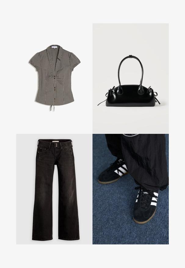 Korte mouwen, bruin-wit geruite blouse met kraag, knopen aan de voorkant, geplooide buste en verstelbare tunnelsluiting aan de zoom.; Zwarte wijde jeans met een licht vervaagde afwerking, voorzien van voorzakken, een ritssluiting en een knoopsluiting. Gemaakt van denim stof.; Zwarte suède sportschoenen met drie witte strepen en zwarte veters. Een gestructureerde zwarte broek is deels zichtbaar naast de schoenen.; Kleine zwarte glanzende handtas met twee lange hengsels en zijkant trekkoord details op een effen lichte achtergrond.