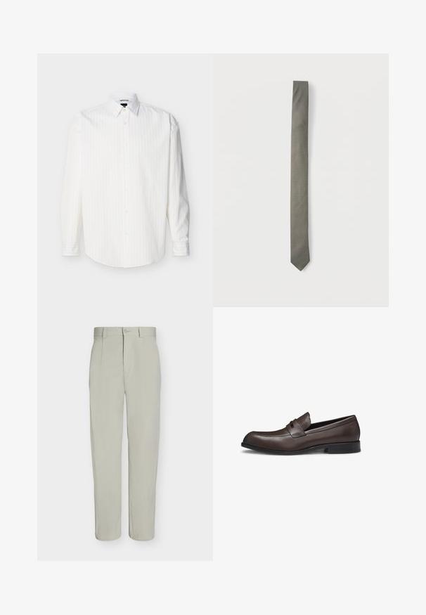 Chemise blanche à manches longues avec boutons, rayures verticales discrètes et col pointu, présentée à plat sur un fond clair.; Pantalon beige clair à jambe droite, fermeture à bouton, passants de ceinture et plis sur le devant, présenté sur un fond blanc uni.; Mocassins en cuir marron au design élégant, avec un bout arrondi et une bande décorative. Présentent une texture lisse et une semelle basse en caoutchouc noir.; Cravate grise fine avec un micro-motif à carreaux blancs posée à plat sur un fond blanc.