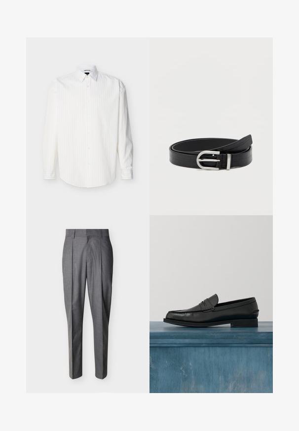 Chemise blanche à manches longues avec boutons, rayures verticales discrètes et col pointu, présentée à plat sur un fond clair.; Pantalon de tailleur gris avec plis et passants pour ceinture, présenté à plat sur un fond blanc.; Mocassins noirs en cuir avec un design élégant, comportant un bout cousu et une finition lisse. La chaussure possède un talon bas et un minimum de détails.; Ceinture en faux cuir noir avec texture crocodile et boucle ronde en argent, enroulée sur un fond blanc uni.