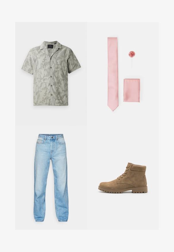 Kurzärmliges, hellgraues Hemd mit gestickten Blumenmustern, einem Camp-Kragen und einer durchgehenden Knopfleiste mit grauen Knöpfen.; Helle blaue Jeans aus Denim, mit geradem Schnitt, Fünf-Taschen-Design und sichtbarem Knopfverschluss mit kontrastierenden Nähten.; Beige Wildlederschuhe mit einer abgerundeten Zehenpartie, gepolstertem Schaft, sechs Paar Ösen und einer dicken Gummisohle mit geriffelter Struktur.; Rosafarbener gestreifter Krawatte, passendes Einstecktuch und Stoffrose-Anstecker. Alle Artikel weisen eine glatte Textur und eine gleichmäßige Farbe auf.