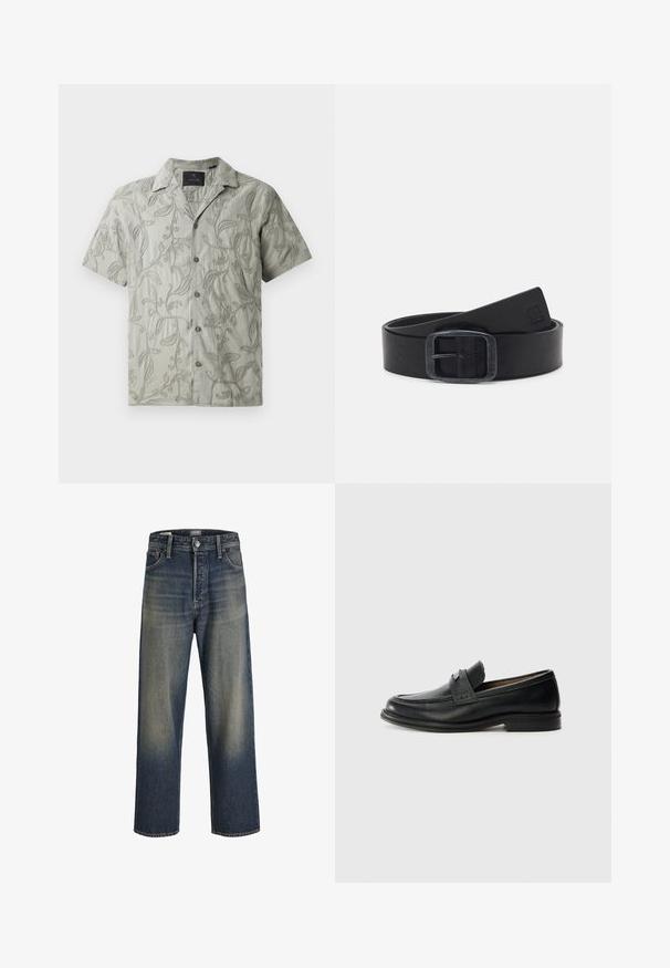 Korte mouwen lichtgrijze shirt met geborduurde bloemenpatronen, een camp collar en een knoopsluiting met grijze knopen.; Wijde jeans in donkerblauwe denim met een gradientafwerking, voorzien van een knoopsluiting, vijf zakken en gestructureerde stikdetails.; Zwarte lederen instappers met een gladde afwerking, voorzien van een gestructureerde bovenband, lage hak en minimale stiksel-details.; Zwarte leren riem met een rechthoekige metalen gesp. Heeft een gladde textuur en strakke lijnen, met reliëfbranding op de band.