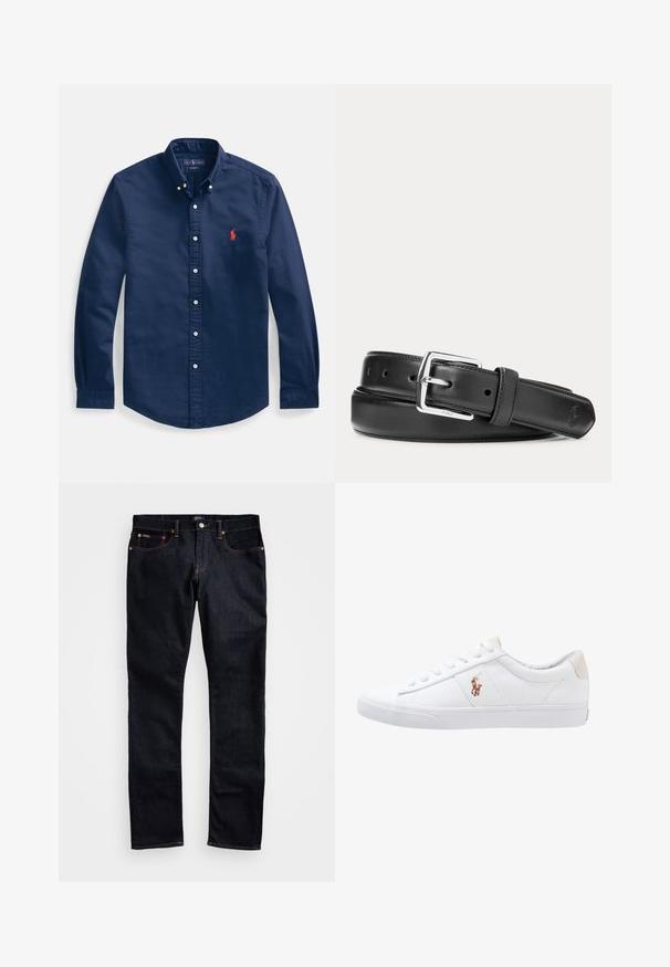 Marineblauw katoenen overhemd met knopen, voorzien van een puntige kraag, lange mouwen en een klein rood geborduurd logo op de borst.; Donker gewassen denim jeans met een recht gesneden pijp; voorzien van koperen klinknagels, contrasterende stiksels, vijf zakken en een rits met een knoopsluiting.; Witte canvas sneakers met een laag ontwerp, featuring een beige hieltab en een klein geborduurd logo aan de zijkant. Rubber zool.; Zwarte leren riem met zilverkleurige rechthoekige gesp, opgerold op een witte achtergrond, met een subtiel geperst logo aan de punt.