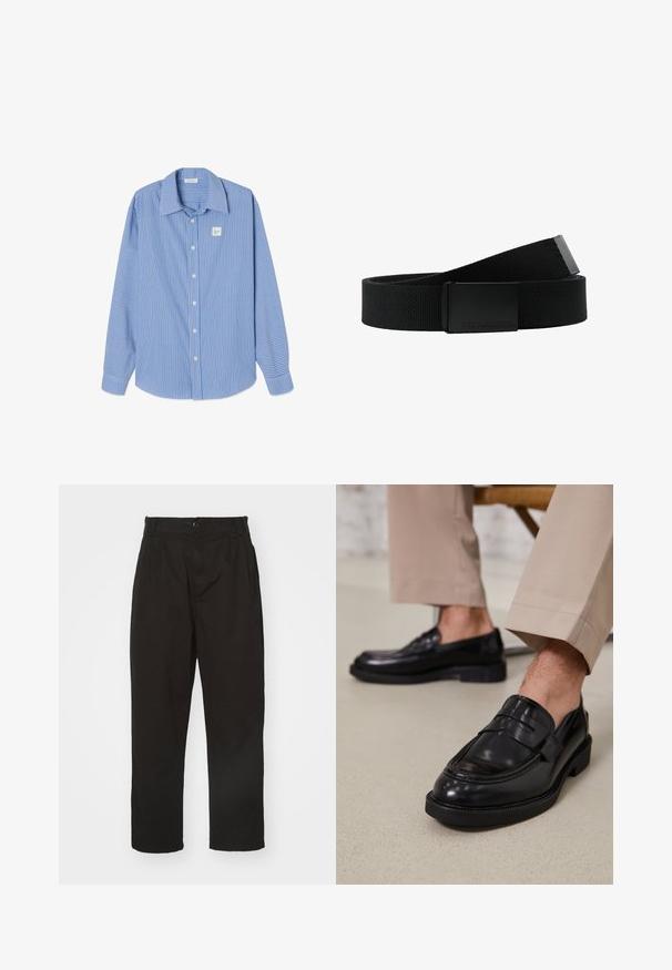 Camisa de manga larga a rayas verticales en azul y blanco, con cuello puntiagudo, botones frontales y un pequeño parche con logo cuadrado en el pecho izquierdo.; Pantalones negros de tela suave, con cierre de botón, corte recto y dos pliegues frontales que añaden detalle.; Mocasines de cuero negro con un acabado suave, que cuentan con una correa decorativa y costuras en contraste, combinados con pantalones beiges.; Cinturón de tela negra con un acabado texturizado, que dispone de una hebilla rectangular de metal negro. La hebilla está adornada con la marca "Urban Classics".