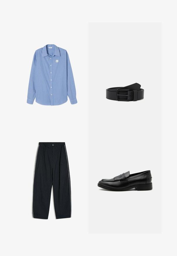 Blau-weiß gestreiftes Langarmhemd mit spitzem Kragen, Knopfleiste vorn und einem kleinen quadratischen Logoaufnäher auf der linken Brust.; Schwarze, weit geschnittene Nadelstreifen-Hose mit weißen Streifen an den Seiten und Knopfverschluß in der Taille.; Schwarzer Leder-Herrenloafer mit Quasten-Detail, abgerundeter Spitze, niedrigem Absatz und glatter, polierter Oberfläche, von der Seite auf weißem Hintergrund dargestellt.; Schwarzer Ledergürtel mit matter Oberfläche, rechteckiger Metallschnalle und glatter Textur. Verfügt über ein klares Design ohne sichtbare Muster.