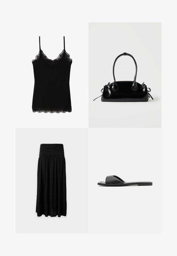Camisole noire avec des bretelles réglables, un bord en dentelle festonnée le long de l'encolure et de l'ourlet, et un design ajusté. Fabriquée en tissu doux.; Jupe longue noire avec une large ceinture froncée et un tissu fluide et froncé sur un fond clair uni.; Des sandales en slide noires présentent un matériau synthétique lisse, un design ouvert à l'avant et une semelle plate avec une bande d'accent minimaliste sur le côté.; Petit sac à main noir brillant avec deux longues anses et des détails à cordon sur les côtés sur un fond clair uni.