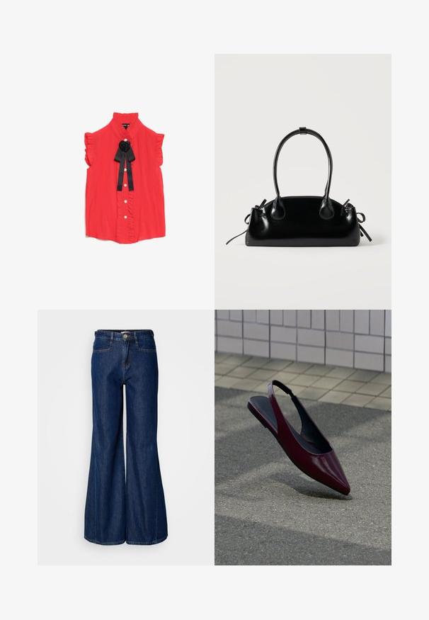 Rote Bluse mit kurzen Ärmeln, hoch geschlossenem Kragen, gerüschten Kanten, Knopfverschluss vorne und einem schwarzen Stoffrose-Akzent am Hals.; Hochtaillierte, weit geschnittene Jeans aus dunkelblauem Denim mit fünf Taschen und einem metallischen Knopfverschluss. Glatte Textur und subtile Steppdetails.; Bordeauxfarbener Slingback-Flachschuh aus Lackleder mit spitzer Spitze, der über einem strukturierten Bürgersteig nahe einer gefliesten Wand schwebt.; Kleine schwarze glänzende Handtasche mit zwei langen Griffen und seitlichen Kordelzug-Details vor einfachem hellem Hintergrund.